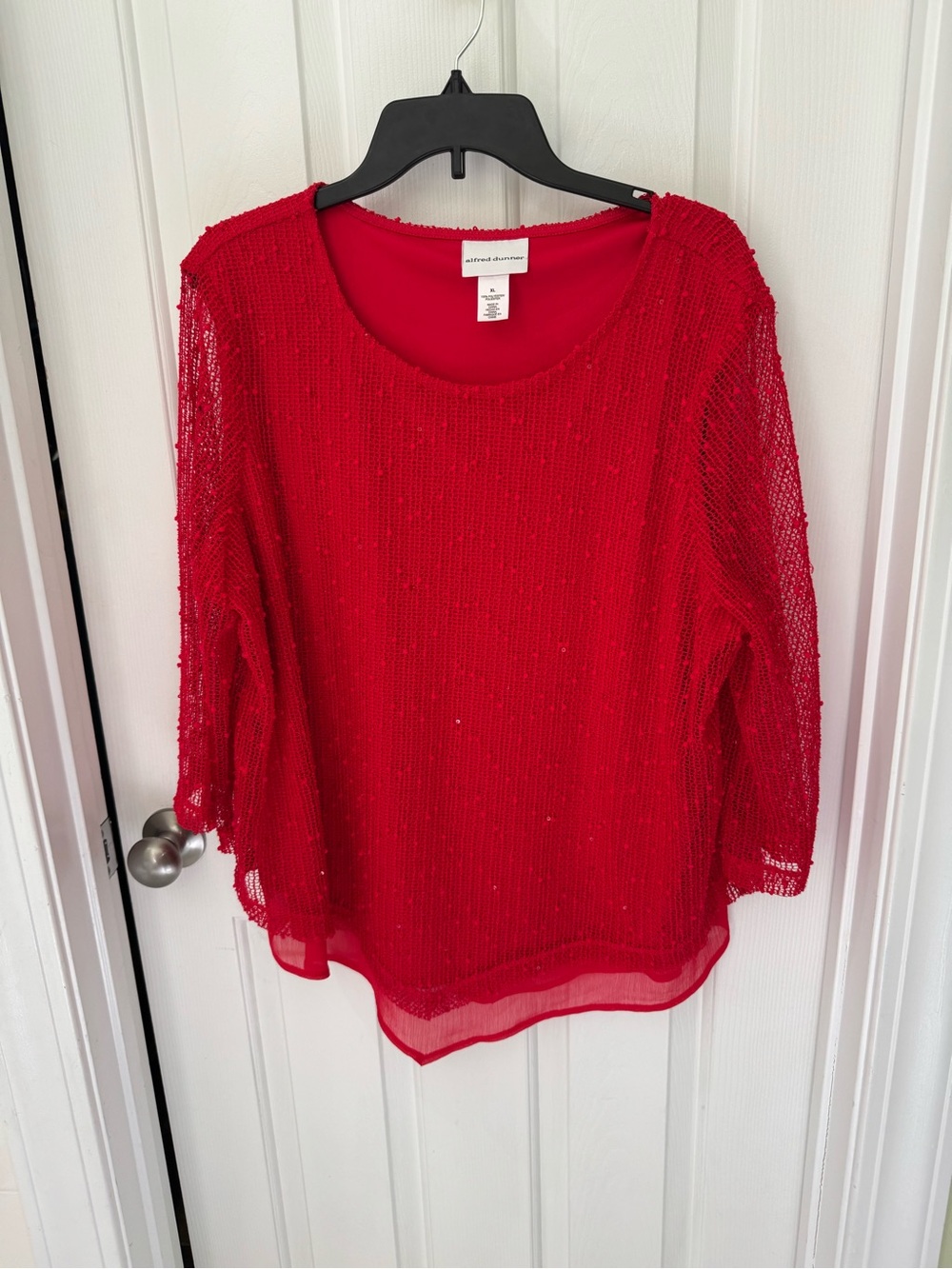 Alfred Dunner Red Beaded Mesh Layered Scoop Neck Top